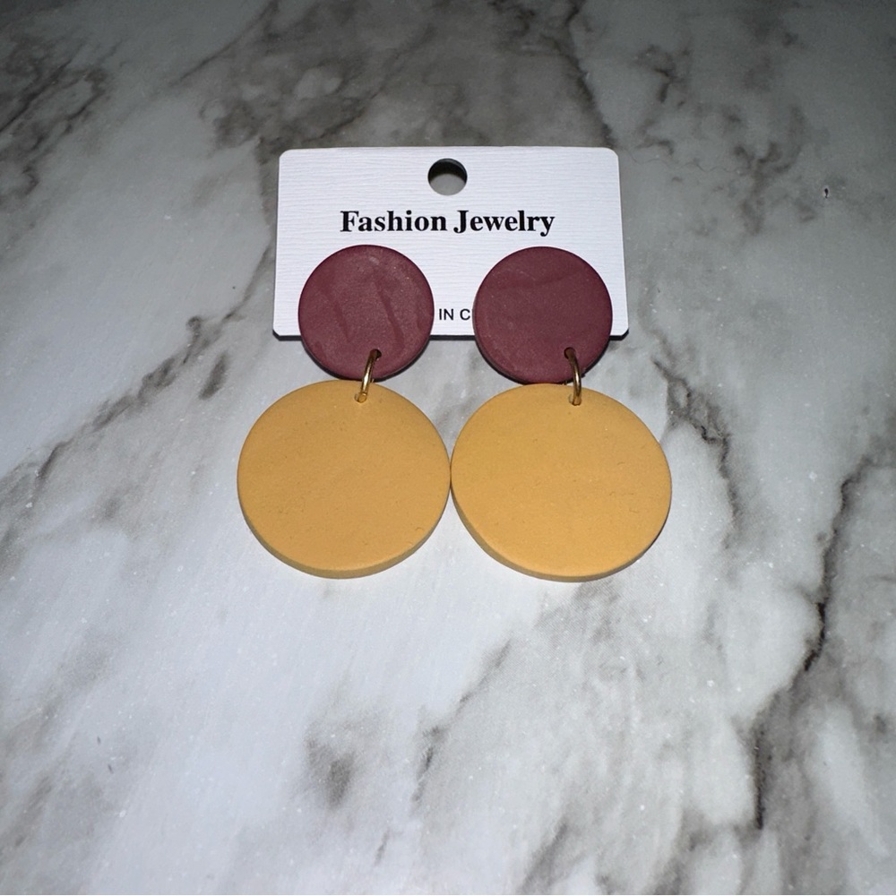 Burgundy & Yellow Wooden Earrings - Picture 2 of 5